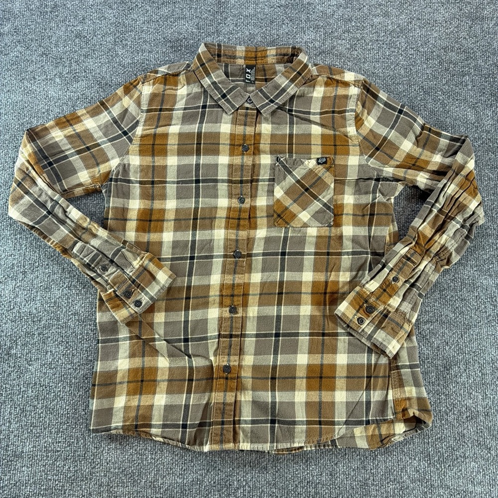 Fox Racing Womens Brown Plaid Flannel Button Up Shirt Long Sleeve Large Cotton
